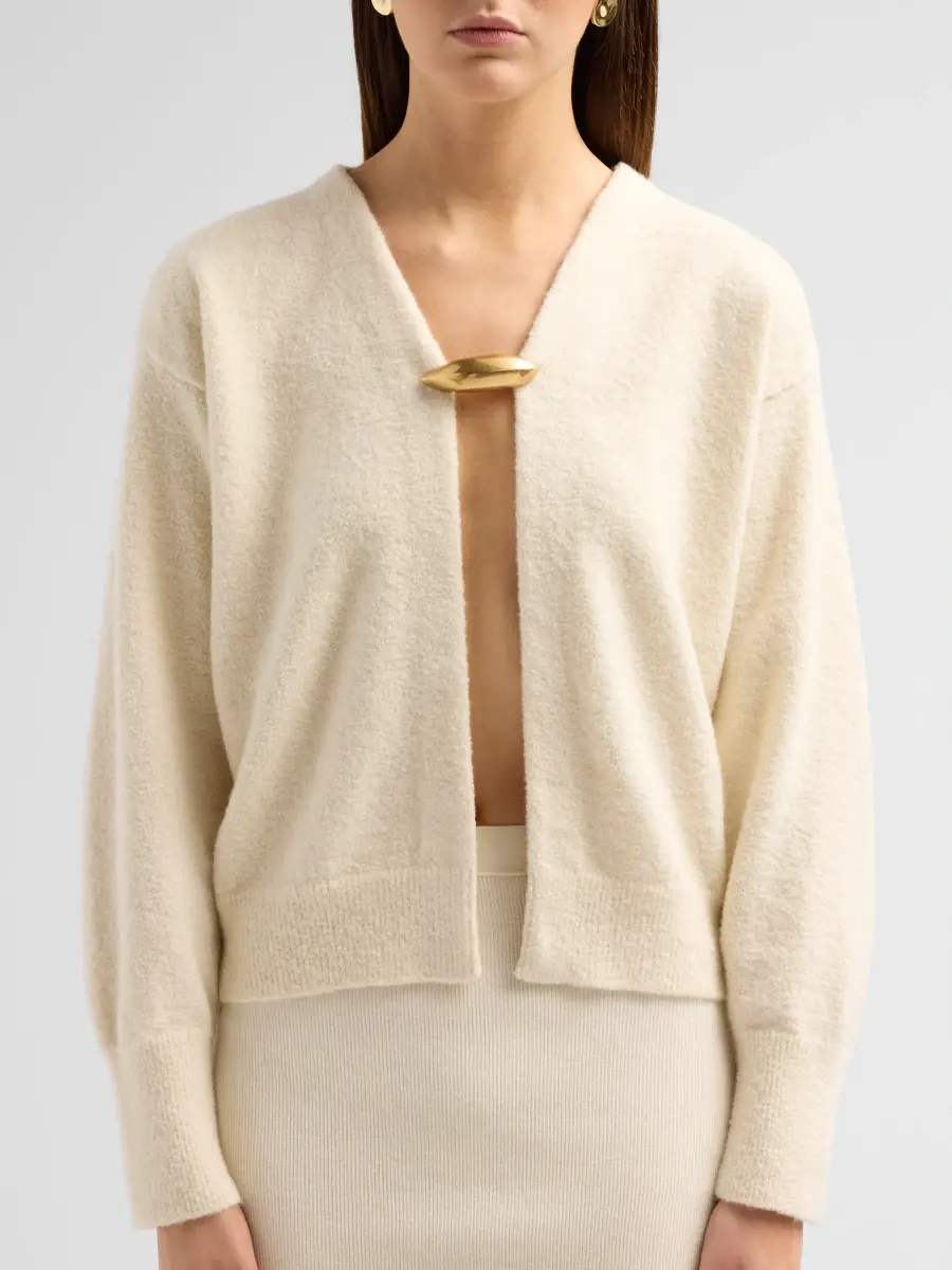 Bottega Veneta Women's Pebble Brooch Cashmere-Silk Bouclé Cardigan | Thumbnail 5
