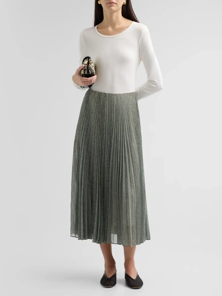 Vince Women's Pleated Houndstooth Sheer Chiffon Midi Skirt | Thumbnail 2