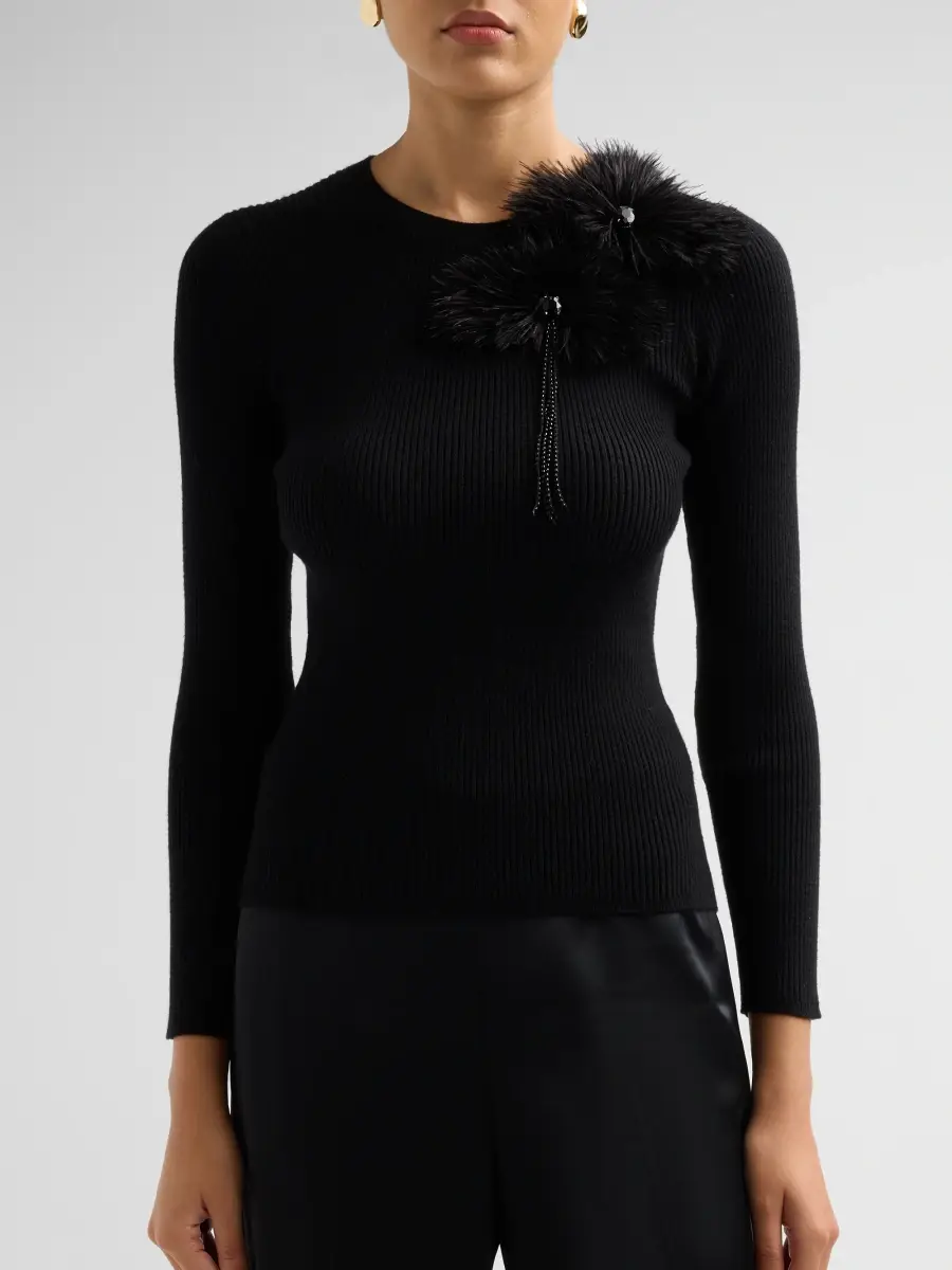 Elie Tahari Women's Arianna Brooch Rib-Knit Crewneck Sweater | Thumbnail 4 Elie Tahari Women's Arianna Brooch Rib-Knit Crewneck Sweater | Thumbnail 4