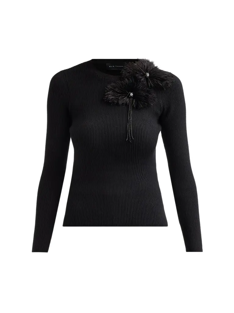 Elie Tahari Women's Arianna Brooch Rib-Knit Crewneck Sweater