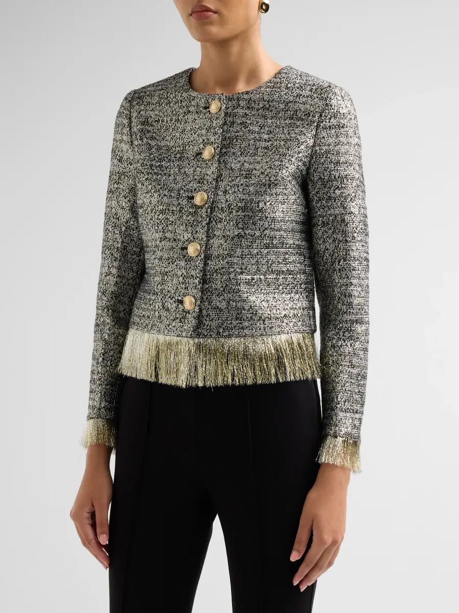 Elie Tahari Women's Lia Feather-Hem Metallic Crop Jacket | Thumbnail 4
