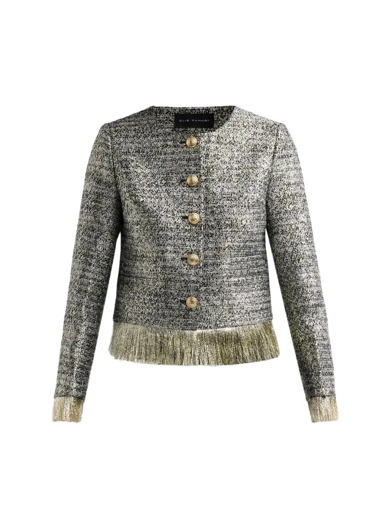 Elie Tahari Women's Lia Feather-Hem Metallic Crop Jacket