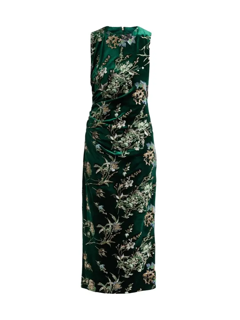 Elie Tahari Women's Fiora Embroidered Velvet Crewneck Midi Dress