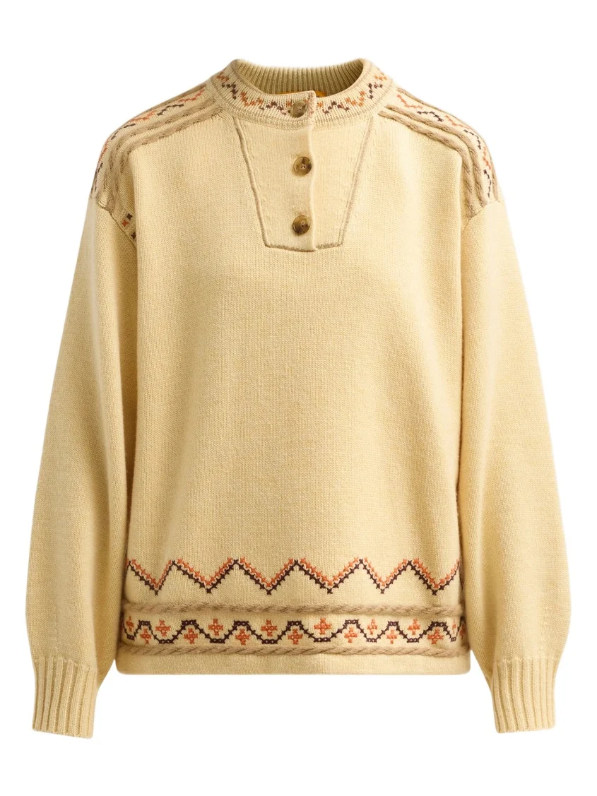 Women's Fisherman Embroidered Cashmere-Wool Henley Sweater Women's Fisherman Embroidered Cashmere-Wool Henley Sweater