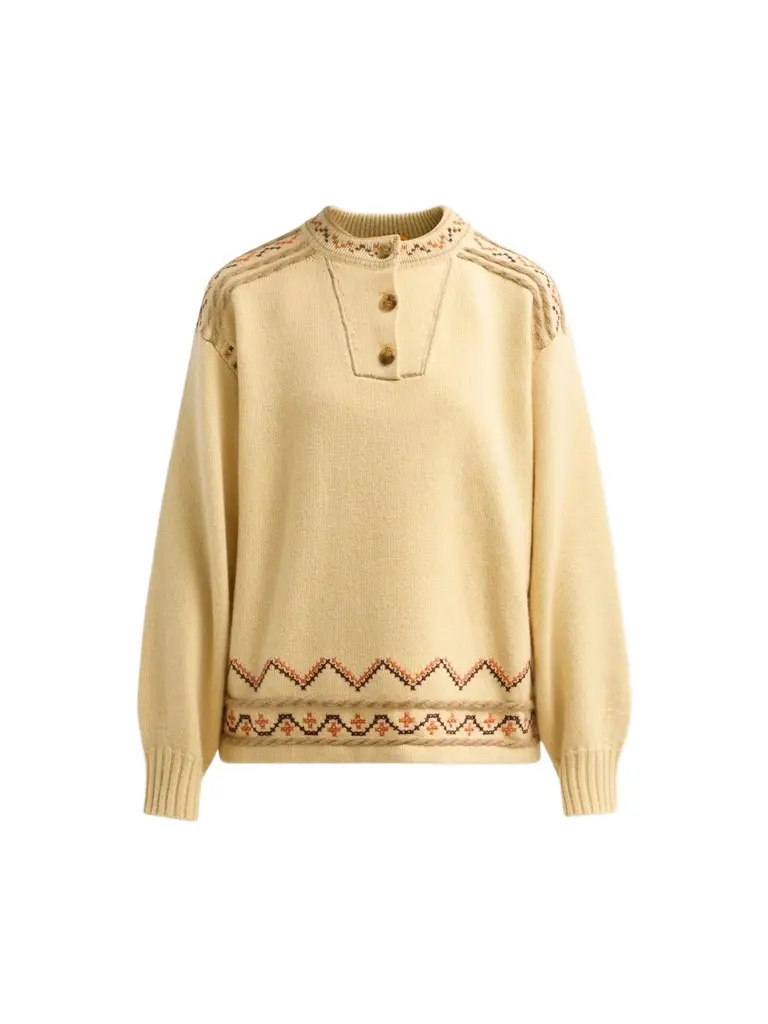 Women's Fisherman Embroidered Cashmere-Wool Henley Sweater Women's Fisherman Embroidered Cashmere-Wool Henley Sweater