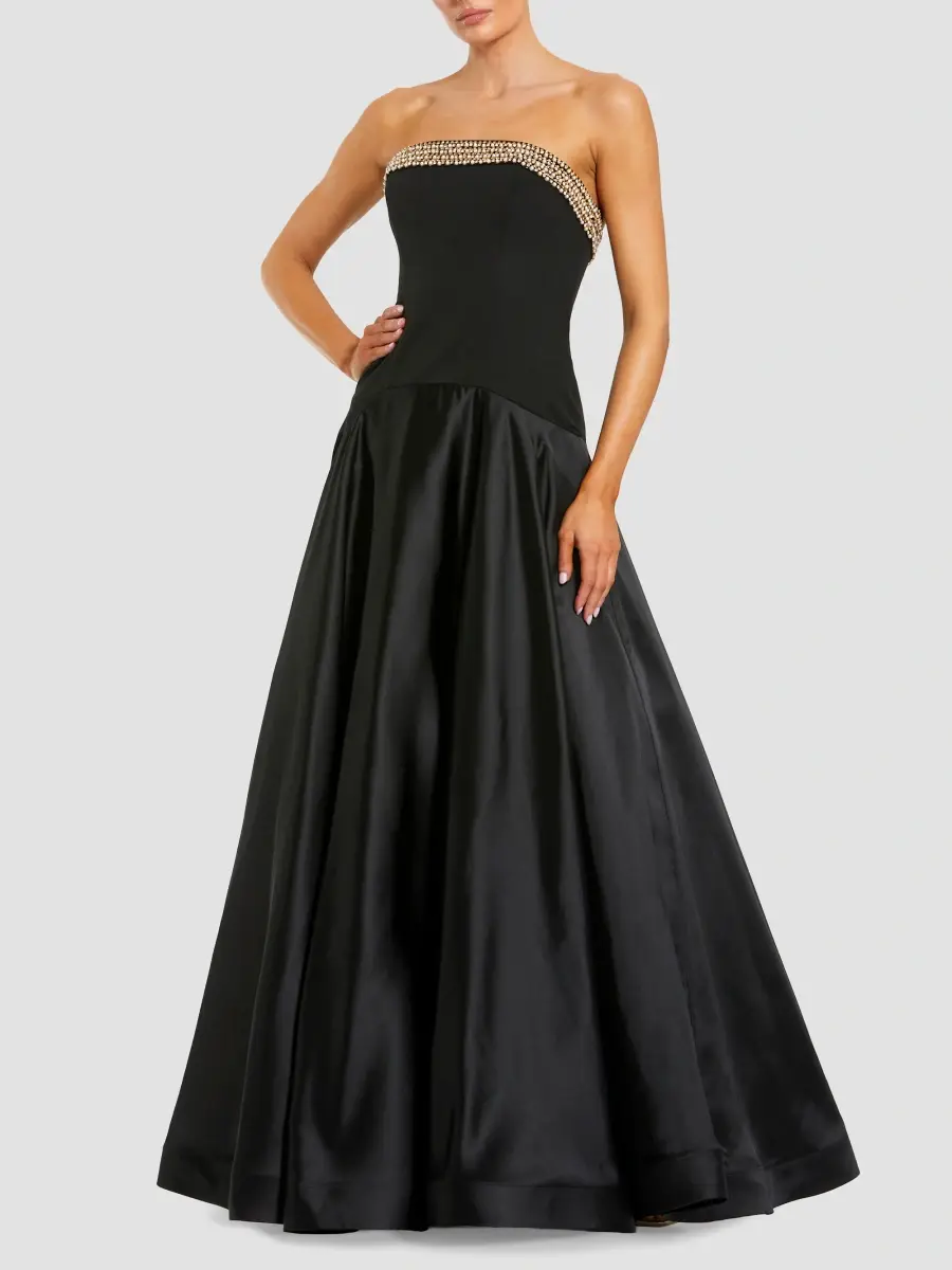 Mac Duggal Women's Beaded-Trim Crepe-Satin Drop-Waist Gown | Thumbnail 2 Mac Duggal Women's Beaded-Trim Crepe-Satin Drop-Waist Gown | Thumbnail 2