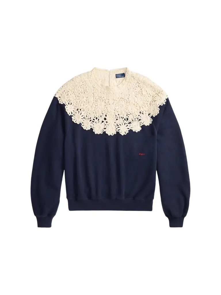 Women's Crochet-Yoke Fleece Crewneck Sweater Women's Crochet-Yoke Fleece Crewneck Sweater