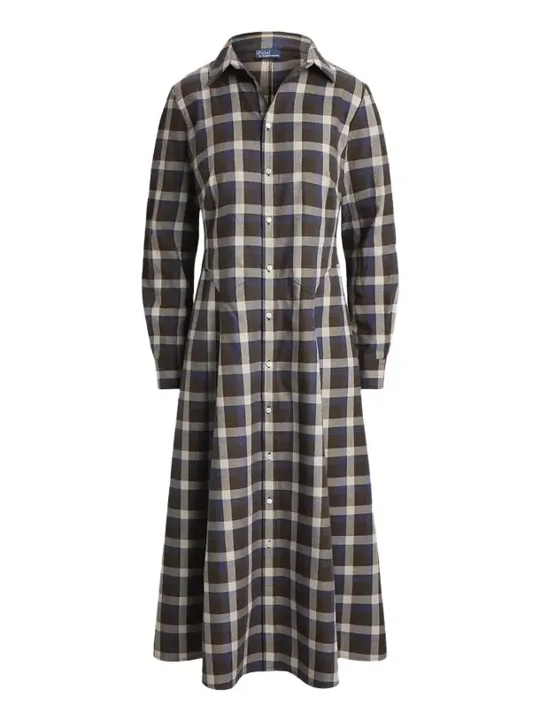 Women's Plaid Cotton Twill A-Line Midi-Shirtdress