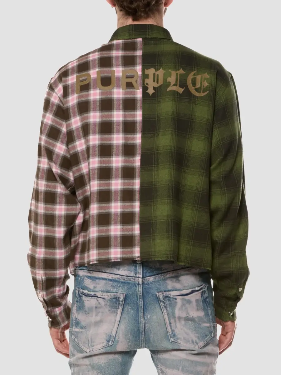 Purple Brand Men's Plaid Spliced Cropped Shirt | Thumbnail 2 Purple Brand Men's Plaid Spliced Cropped Shirt | Thumbnail 2