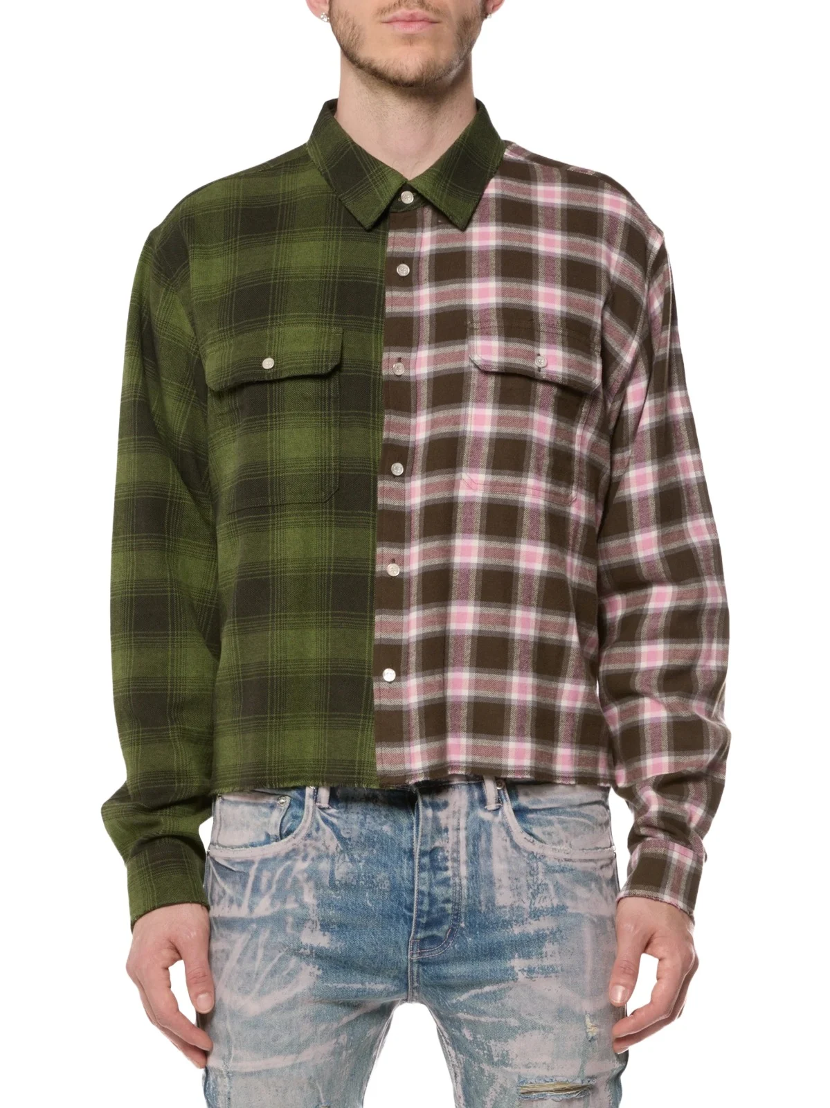 Men's Plaid Spliced Cropped Shirt