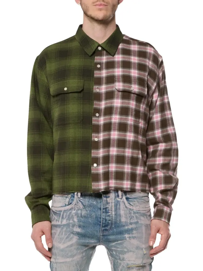 Purple Brand Men's Plaid Spliced Cropped Shirt