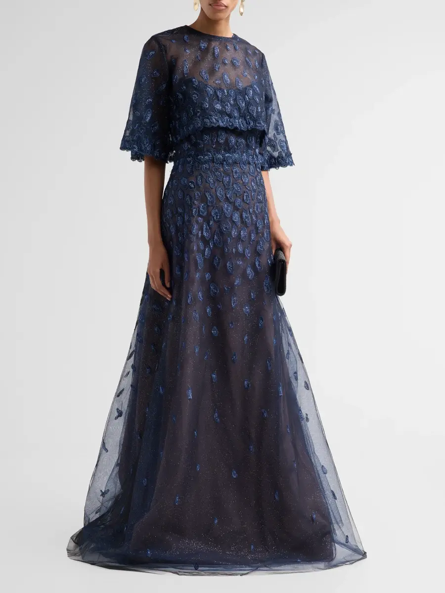 Rene Ruiz Collection Women's Embroidered Capelet Tulle Gown | Thumbnail 4