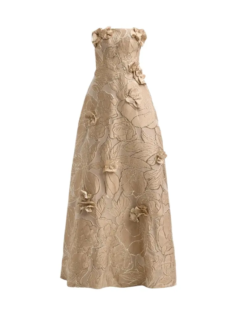 Rene Ruiz Collection Women's Floral Appliqué Jacquard Fit-&-Flare Gown