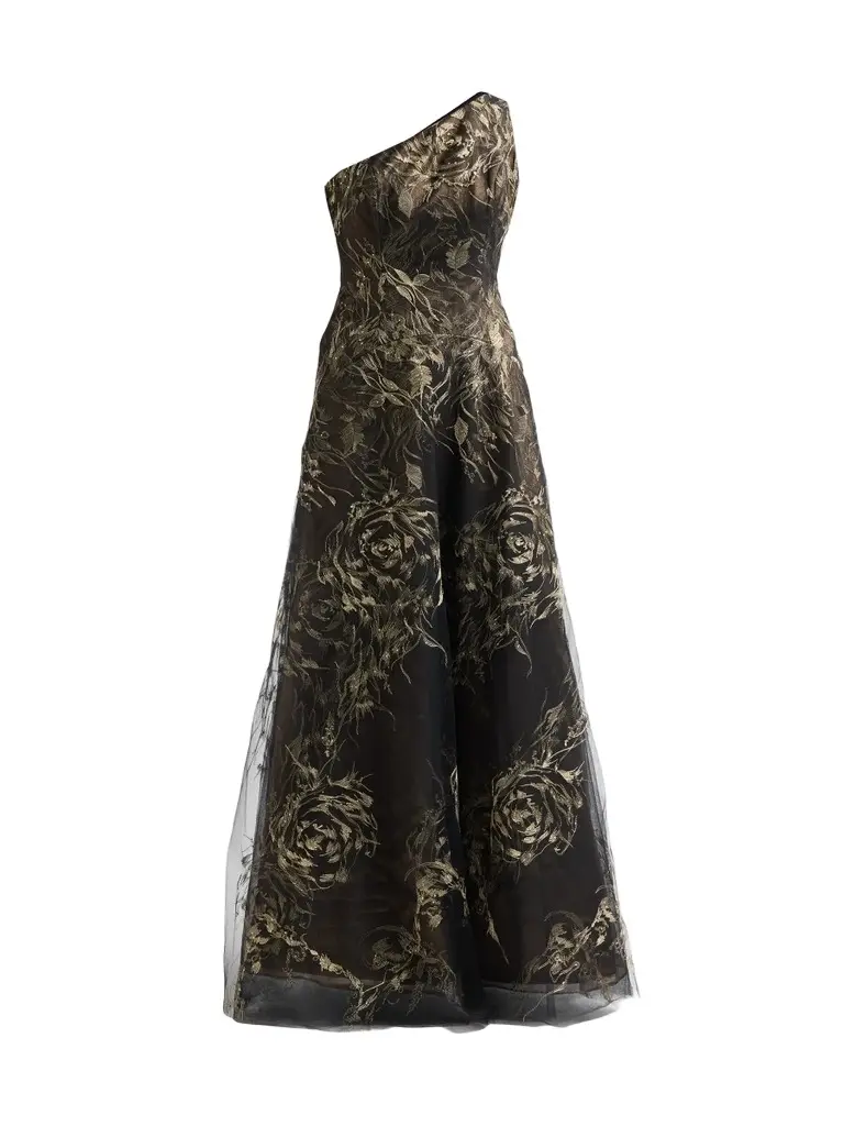 Women's Metallic Floral Tulle One-Shoulder Gown