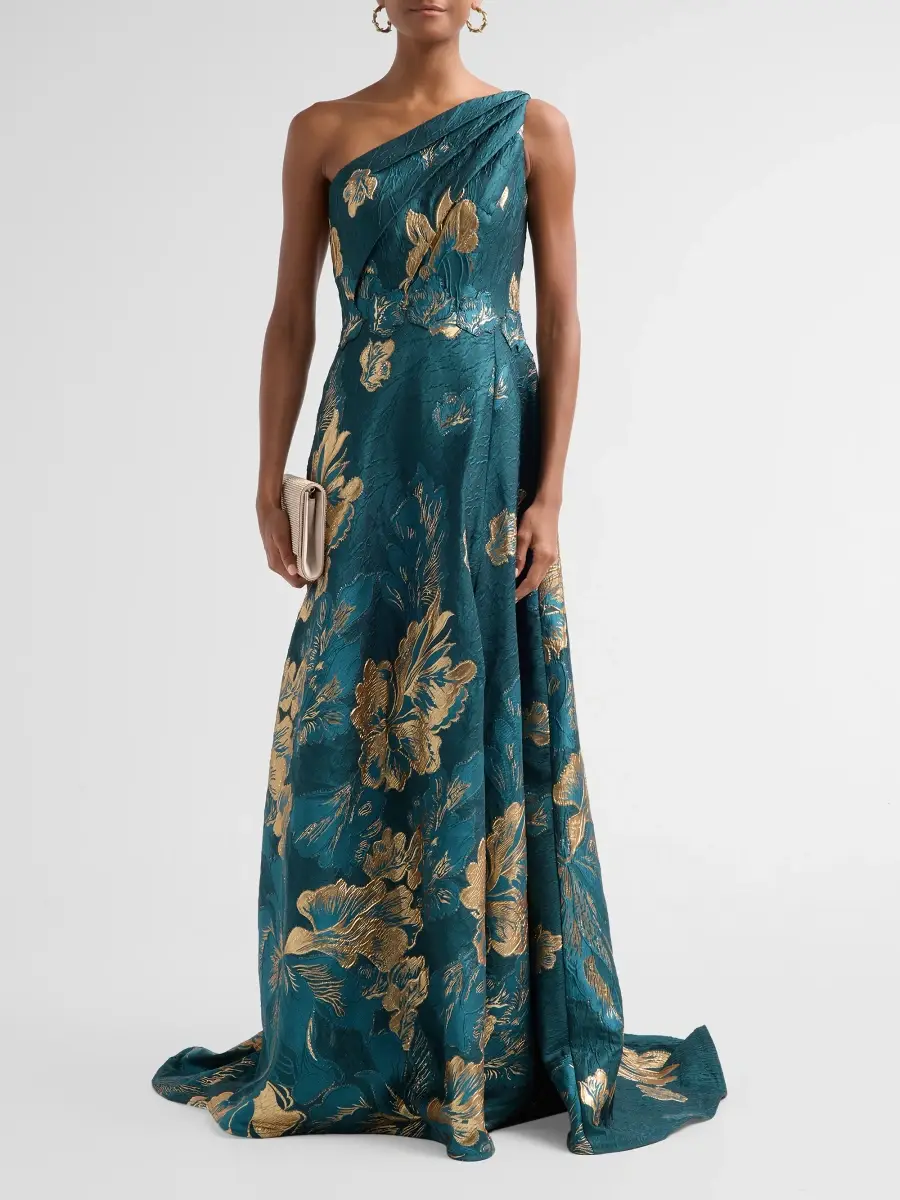 Rene Ruiz Collection Women's Metallic Floral Jacquard One-Shoulder Gown | Thumbnail 2