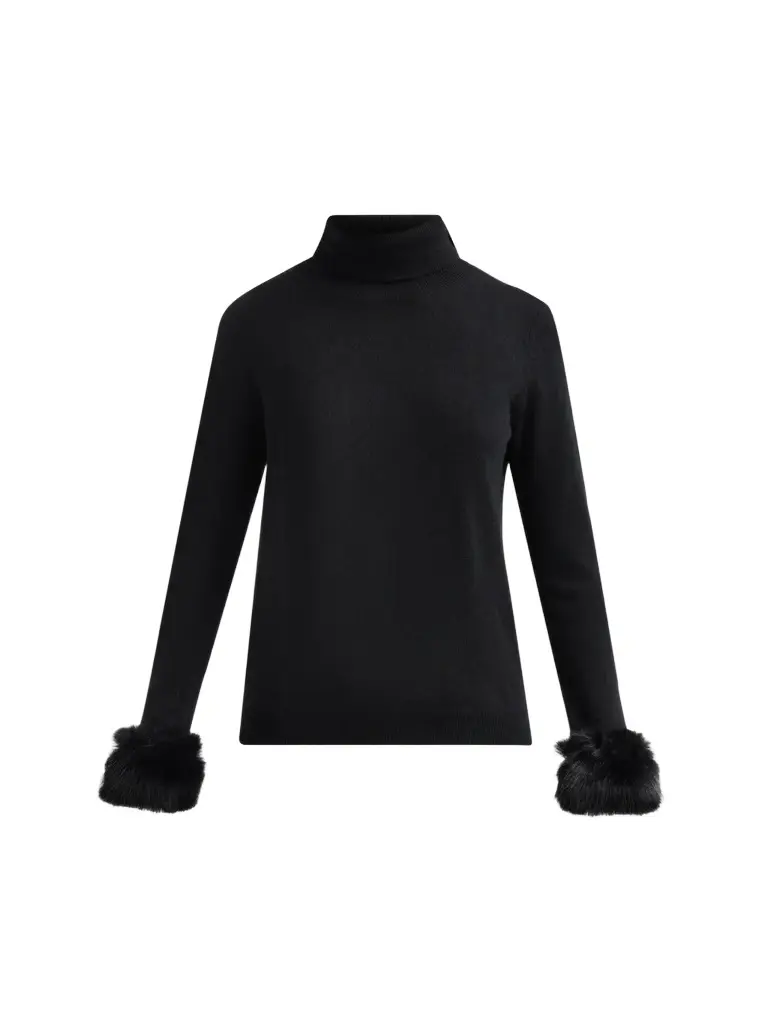 Women's Private Label Turtleneck Faux-Feather-Cuff Cashmere Sweater Women's Private Label Turtleneck Faux-Feather-Cuff Cashmere Sweater