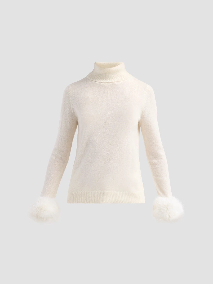 Women's Private Label Turtleneck Faux-Feather-Cuff Cashmere Sweater Women's Private Label Turtleneck Faux-Feather-Cuff Cashmere Sweater