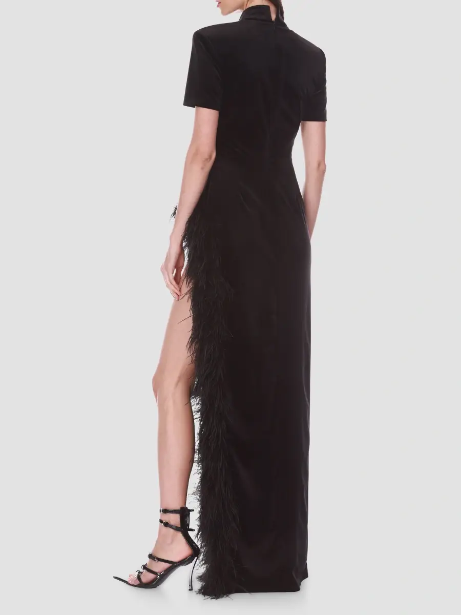 Bronx and Banco Women's Velvet Feather Trim Slit Gown | Thumbnail 2