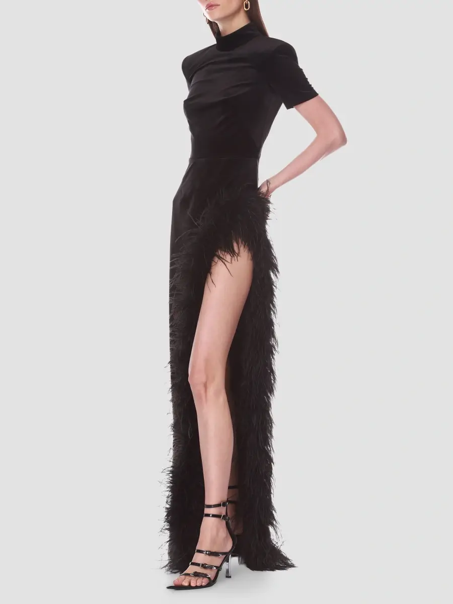 Bronx and Banco Women's Velvet Feather Trim Slit Gown | Thumbnail 3