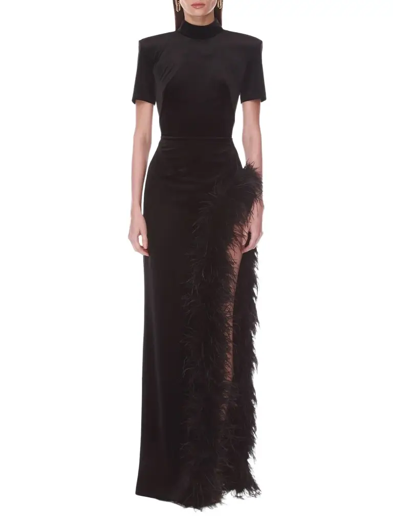 Women's Velvet Feather Trim Slit Gown Women's Velvet Feather Trim Slit Gown