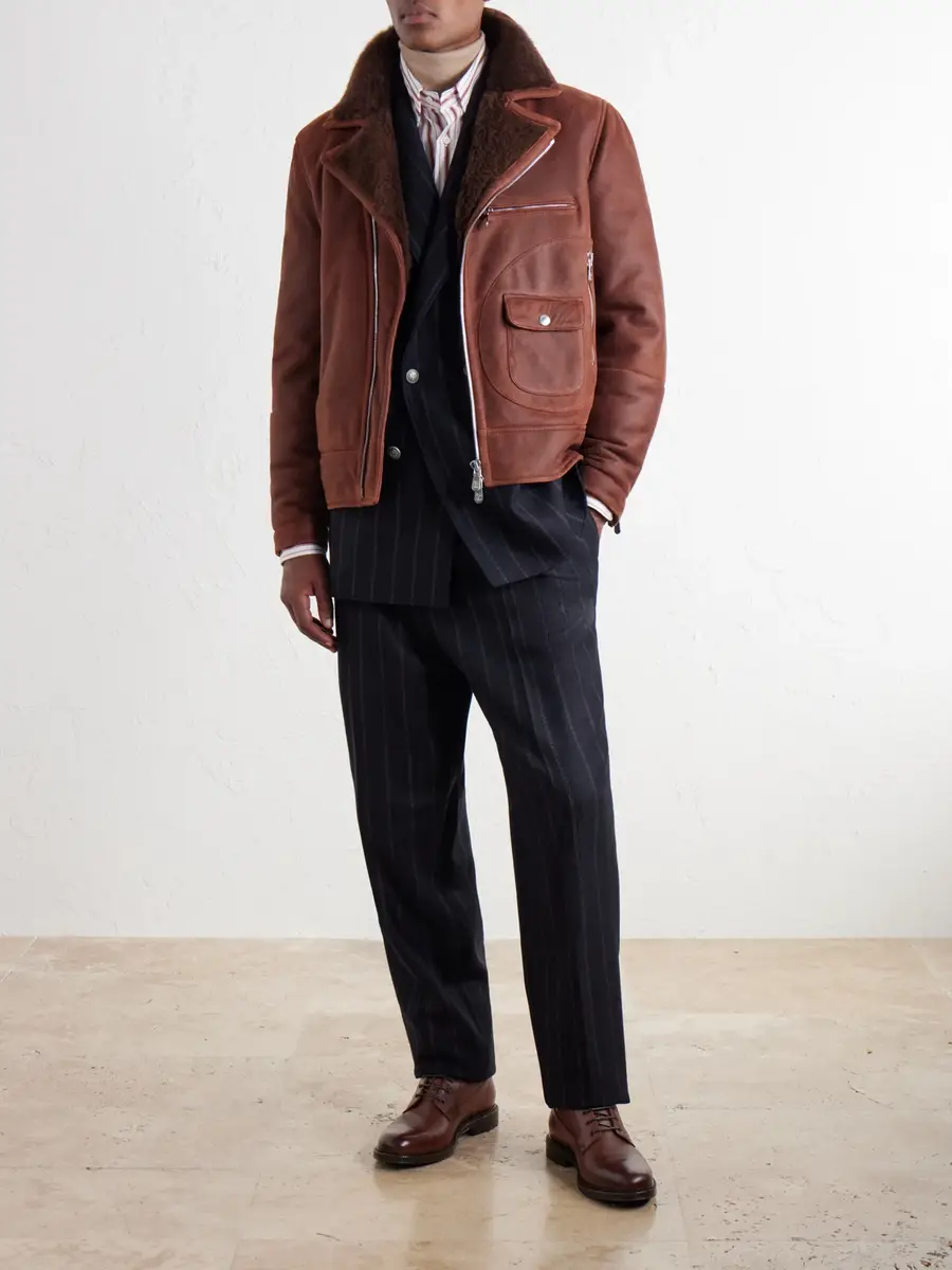Brunello Cucinelli Shearling-Trimmed Leather Jacket - Men | Thumbnail 2