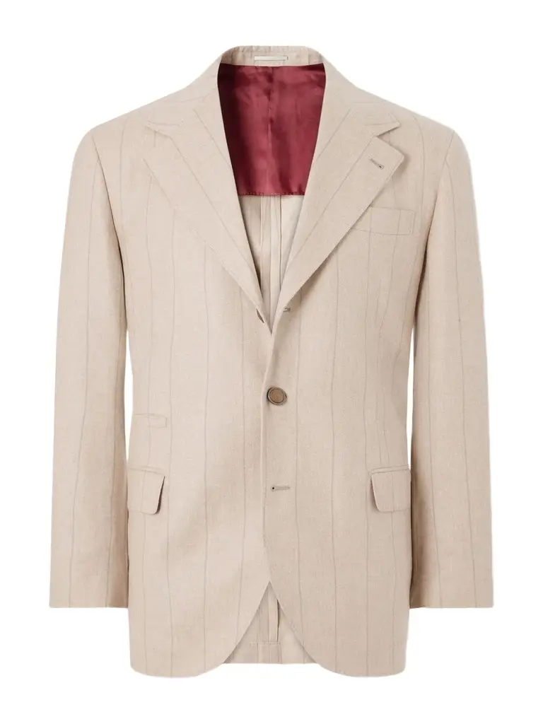 Brunello Cucinelli Pinstripe Wool, Silk and Cashmere-Blend Flannel Suit Jacket - Men