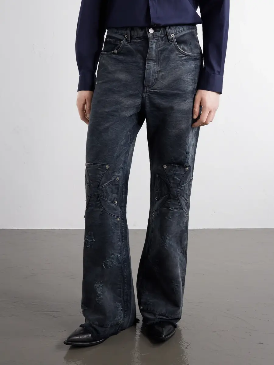 SEKRIT Chopper Carpenter Distressed Washed Mid-Rise Flared Jeans - Men | Thumbnail 3