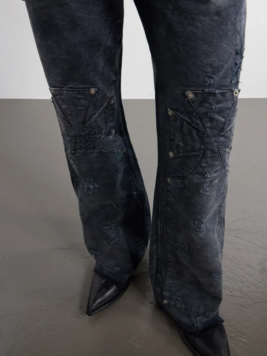 SEKRIT Chopper Carpenter Distressed Washed Mid-Rise Flared Jeans - Men | Thumbnail 5