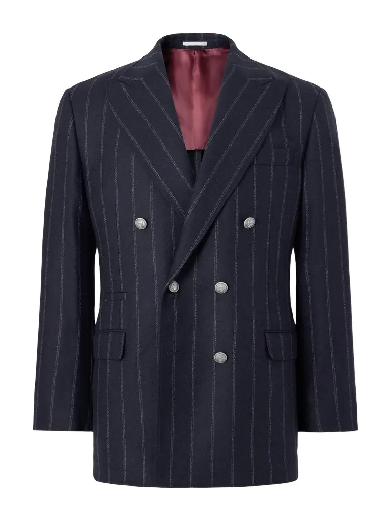 Double-Breasted Pinstripe Cashmere and Wool-Blend Flannel Suit Jacket - Men Double-Breasted Pinstripe Cashmere and Wool-Blend Flannel Suit Jacket - Men