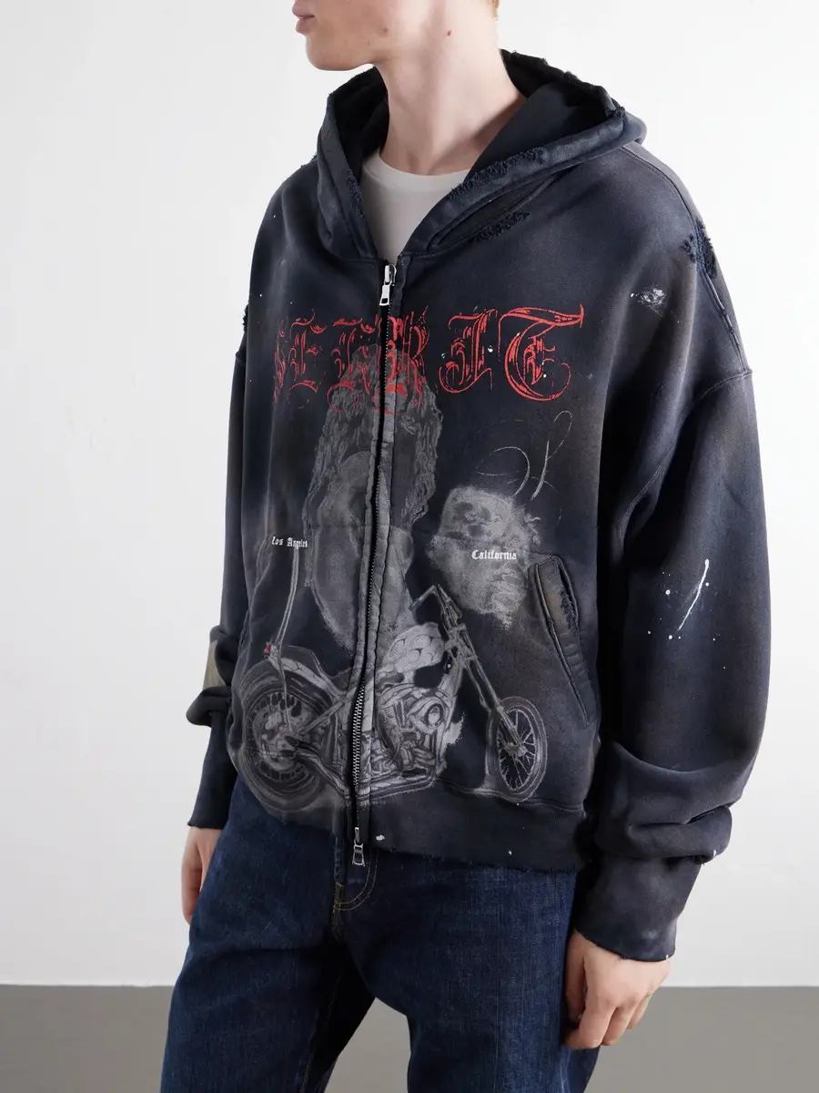 SEKRIT Chopper Girl Paint-Splattered Distressed Printed Cotton-Jersey Zip-Up Hoodie - Men | Thumbnail 3