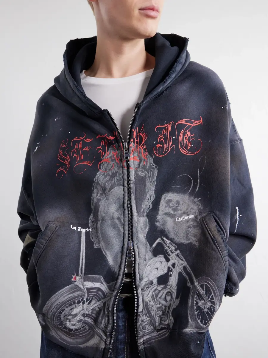 SEKRIT Chopper Girl Paint-Splattered Distressed Printed Cotton-Jersey Zip-Up Hoodie - Men | Thumbnail 5