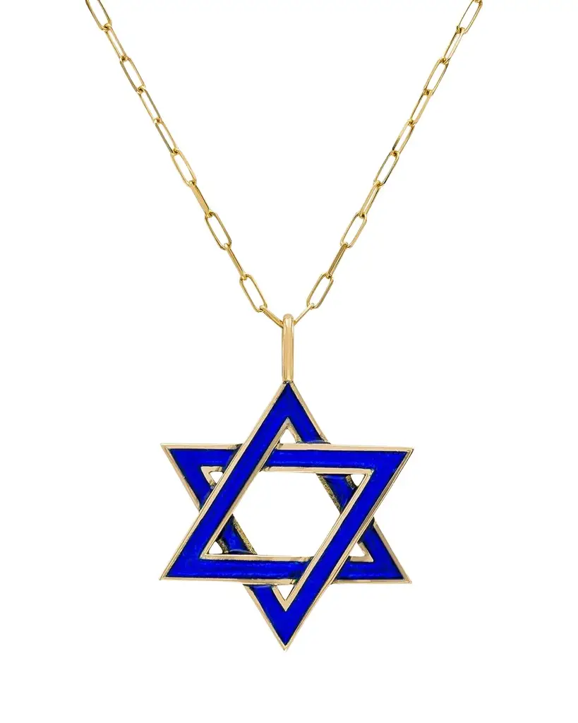 18K Yellow Gold and Blue Enamel Star of David Necklace, 16"L