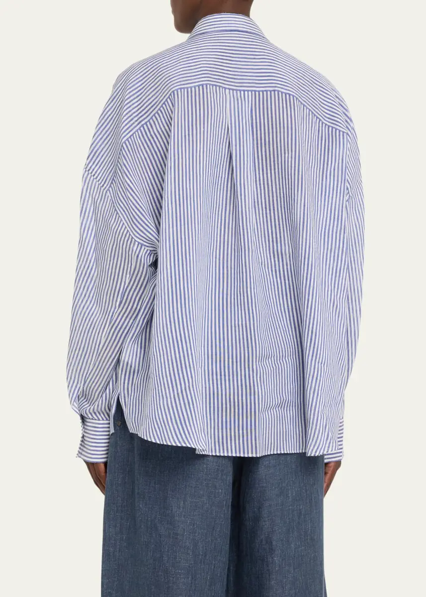 Brunello Cucinelli Stripe Button Down Linen Shirt with Piping Collar | Thumbnail 3 Brunello Cucinelli Stripe Button Down Linen Shirt with Piping Collar | Thumbnail 3