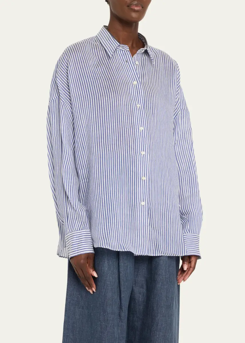 Brunello Cucinelli Stripe Button Down Linen Shirt with Piping Collar | Thumbnail 4 Brunello Cucinelli Stripe Button Down Linen Shirt with Piping Collar | Thumbnail 4