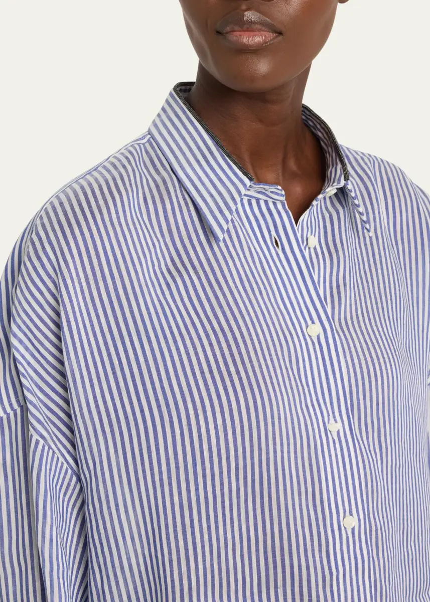 Brunello Cucinelli Stripe Button Down Linen Shirt with Piping Collar | Thumbnail 5 Brunello Cucinelli Stripe Button Down Linen Shirt with Piping Collar | Thumbnail 5
