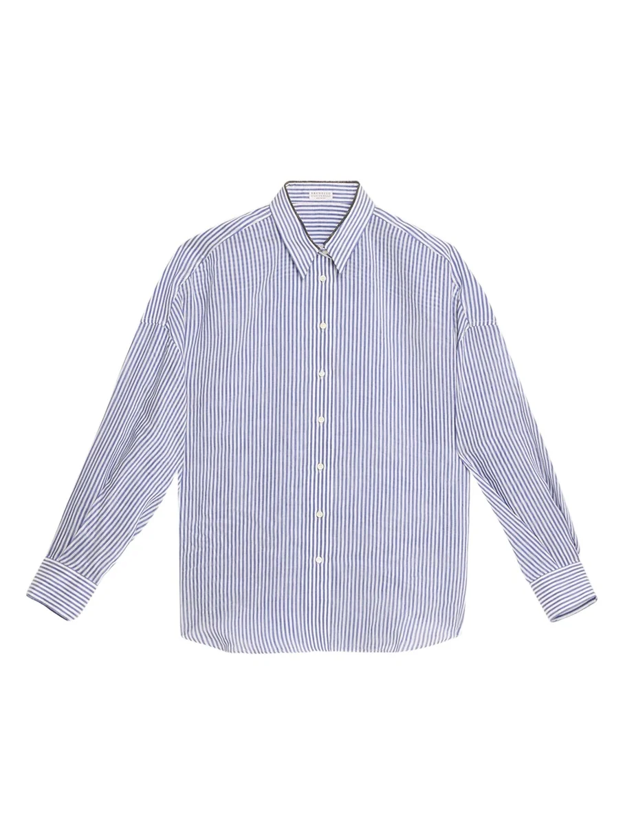 Stripe Button Down Linen Shirt with Piping Collar Stripe Button Down Linen Shirt with Piping Collar