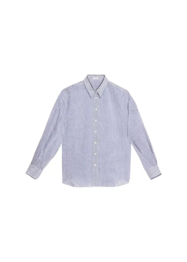 Brunello Cucinelli Stripe Button Down Linen Shirt with Piping Collar