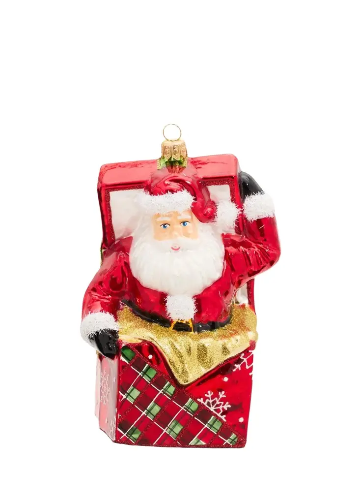 Santa Present Box Glass Ornament