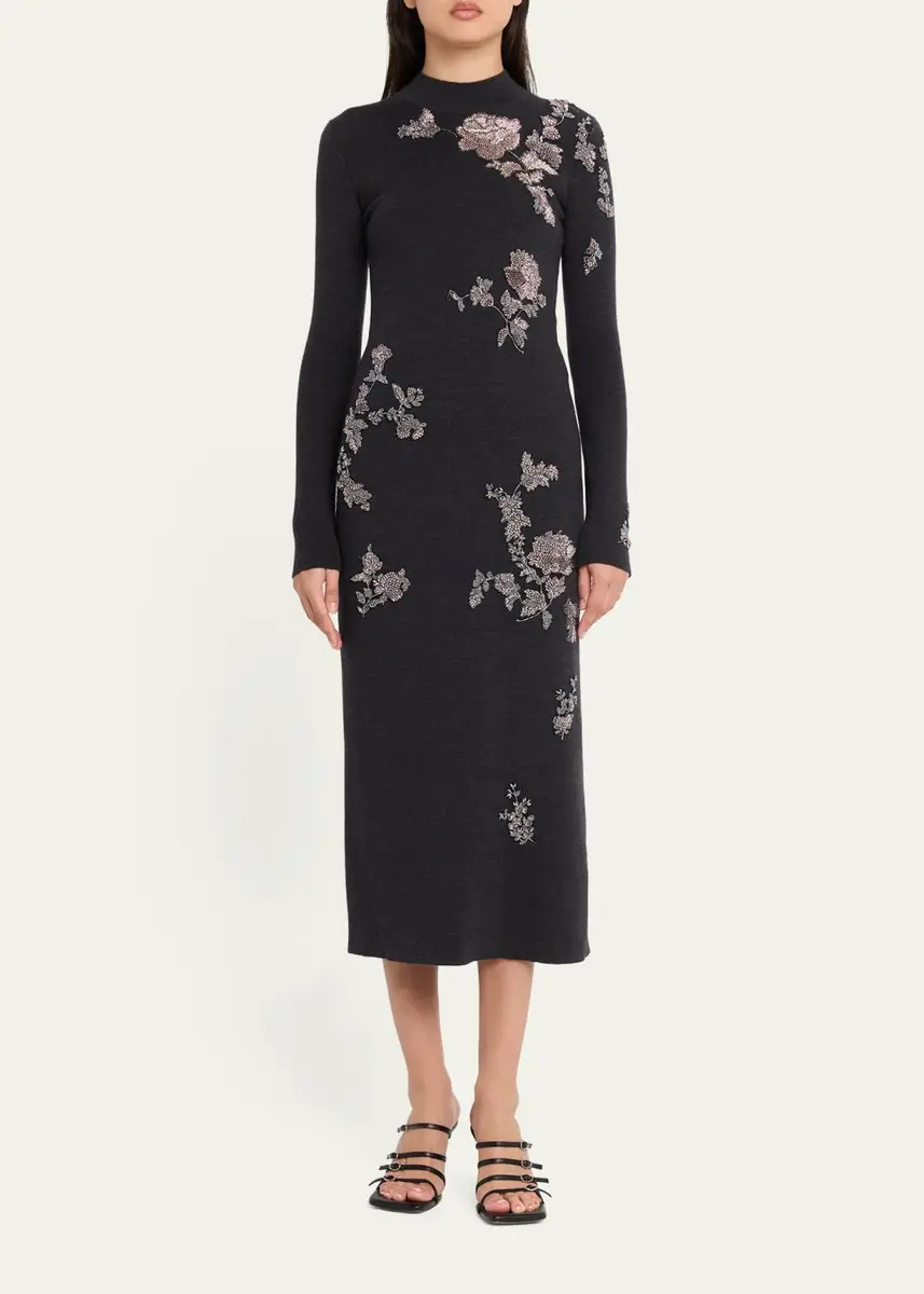 Oscar de la Renta Floral Embroidered Knit Long-Sleeve Midi Dress | Thumbnail 2