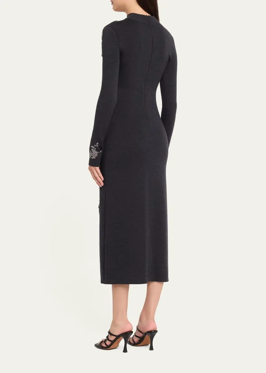 Oscar de la Renta Floral Embroidered Knit Long-Sleeve Midi Dress | Thumbnail 3
