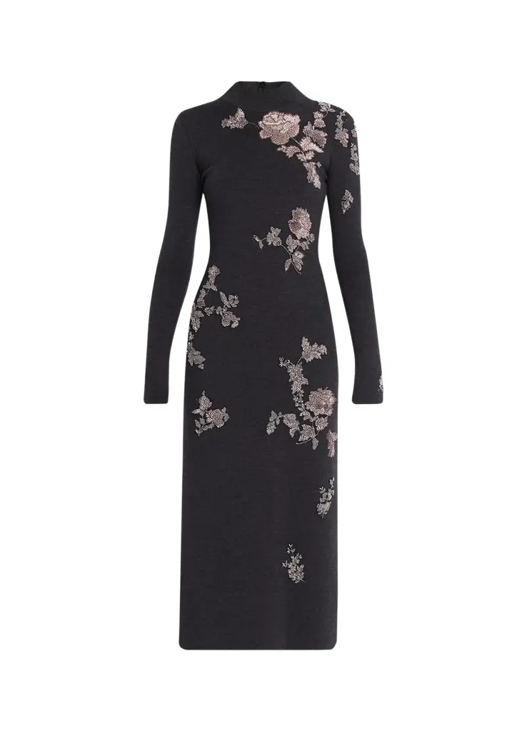 Oscar de la Renta Floral Embroidered Knit Long-Sleeve Midi Dress
