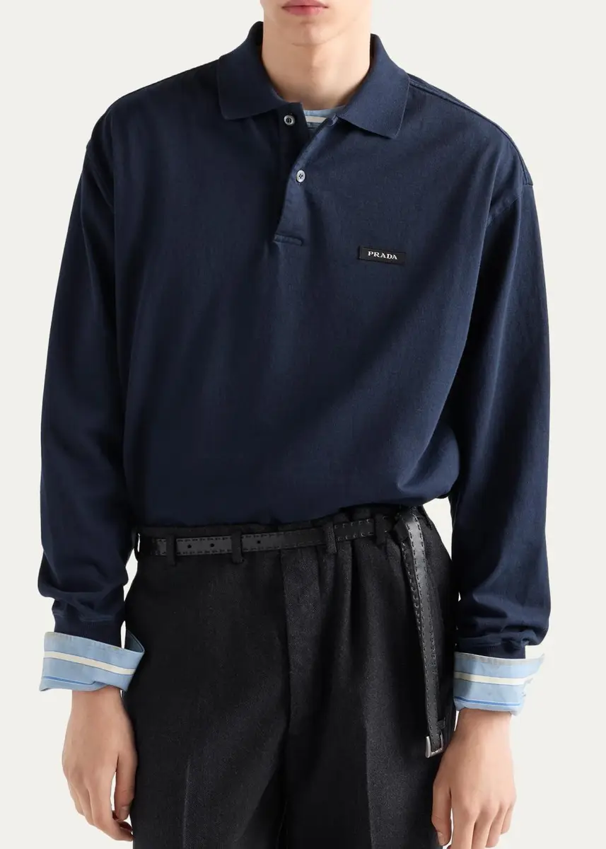 Prada Men's Long-Sleeved Cotton Polo Shirt | Thumbnail 4 Prada Men's Long-Sleeved Cotton Polo Shirt | Thumbnail 4