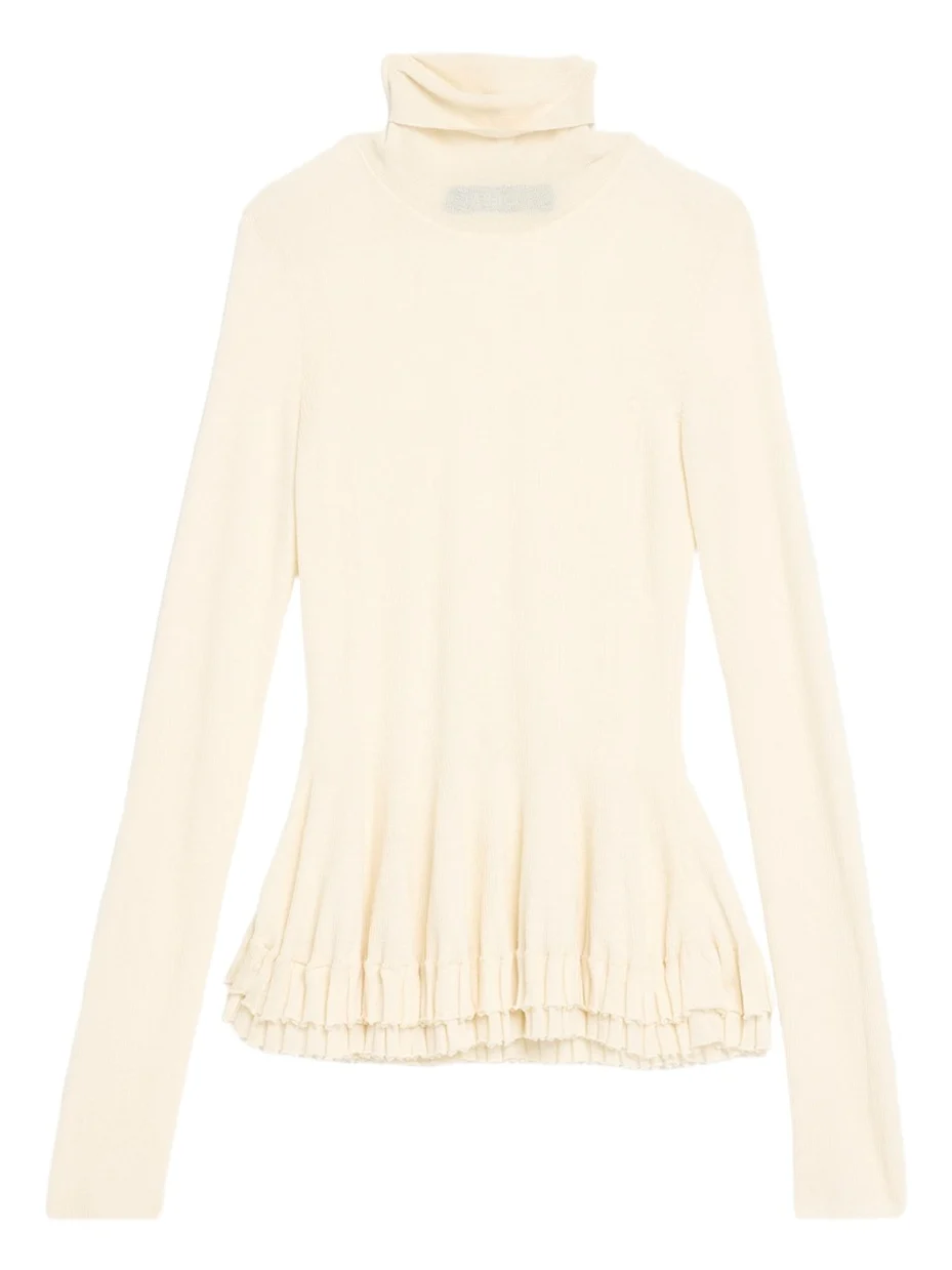 Ashlyn New Diamond Merino Wool-Silk Turtleneck Ruffle Top