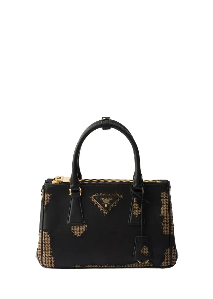 Prada Galleria Houndstooth Wool & Leather Top-Handle Bag