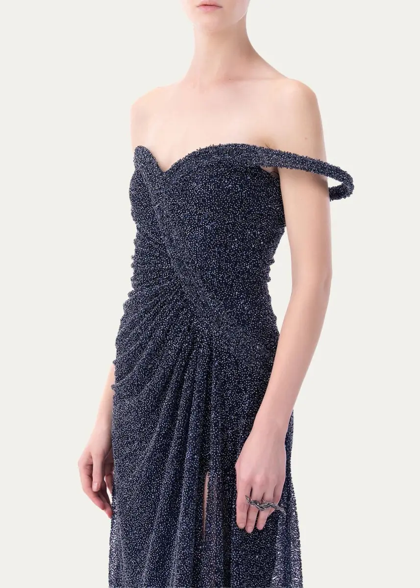 Gaurav Gupta One-Shoulder Sparkling Beaded Slit Gown | Thumbnail 4 Gaurav Gupta One-Shoulder Sparkling Beaded Slit Gown | Thumbnail 4
