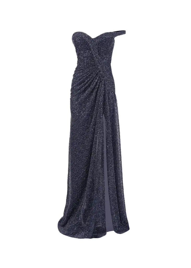 One-Shoulder Sparkling Beaded Slit Gown One-Shoulder Sparkling Beaded Slit Gown
