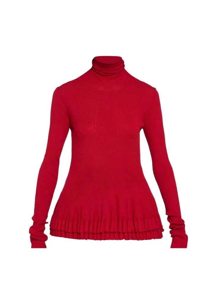 Ashlyn New Diamond Ruffled Turtleneck Merino Wool-Silk Top