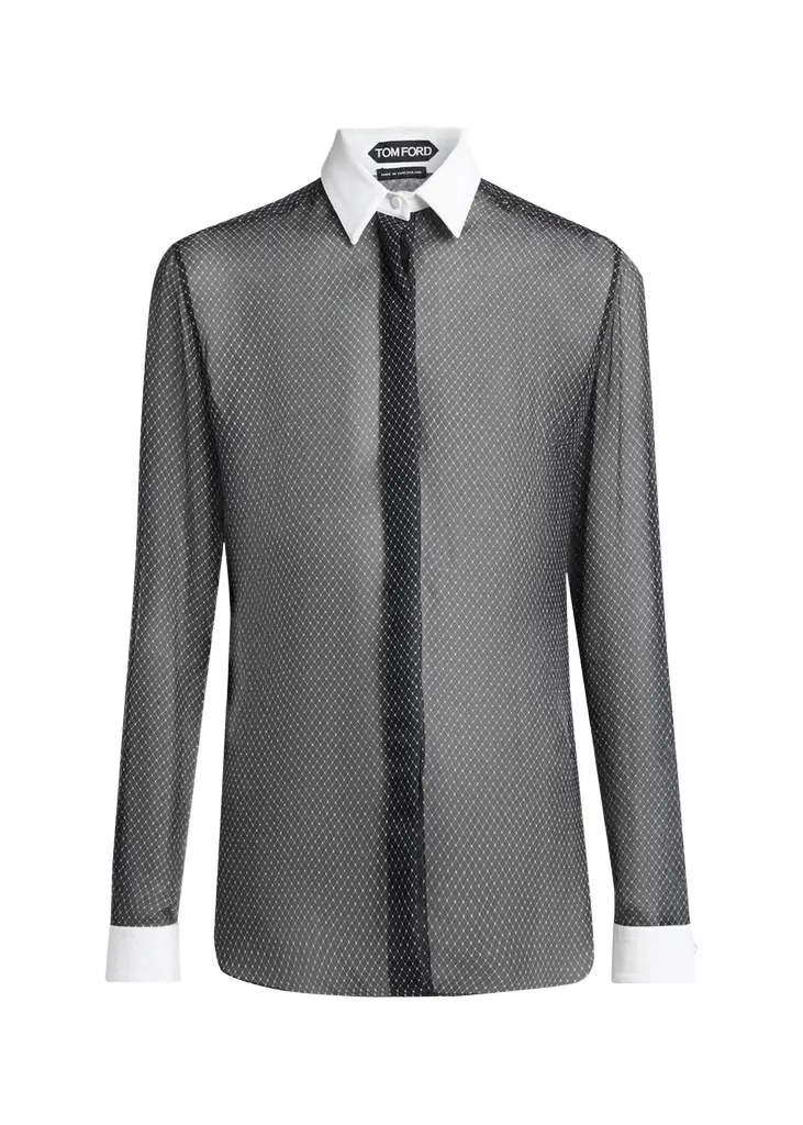 Net-Print Losange Silk Chiffon Button-Down Shirt