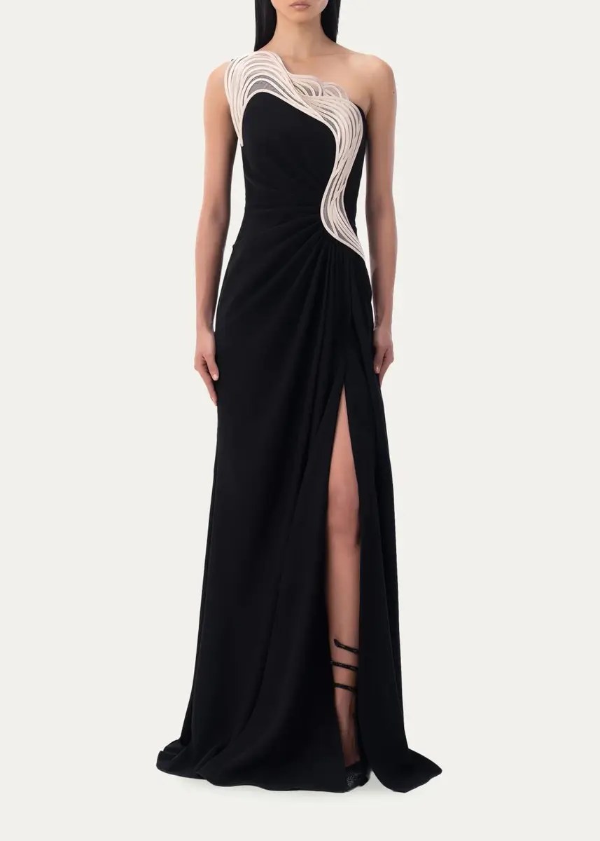 Gaurav Gupta Ruffle Trim One-Shoulder Draped Slit Gown | Thumbnail 2 Gaurav Gupta Ruffle Trim One-Shoulder Draped Slit Gown | Thumbnail 2
