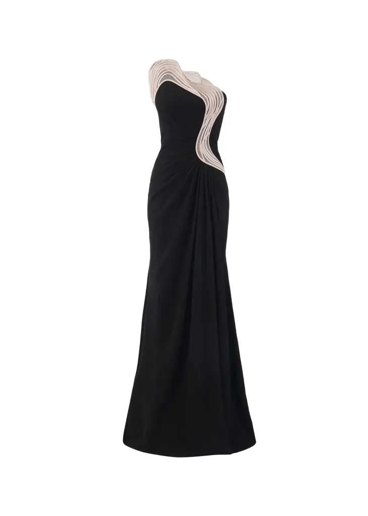 Ruffle Trim One-Shoulder Draped Slit Gown Ruffle Trim One-Shoulder Draped Slit Gown